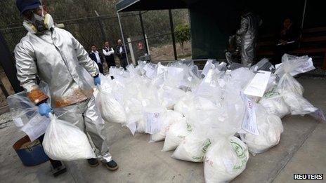 An anti-drugs worker carries a bag containing cocaine during a drug incineration in Lima on 12 September 2013