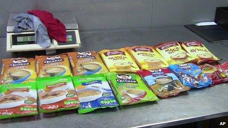 Photo released by Peru's National Police showing food packages allegedly containing cocaine and found in the luggage of Michaella McCollum and Melissa Reid