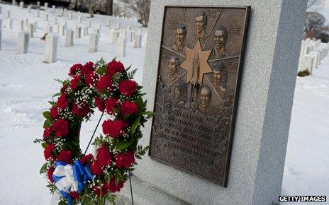 Wreath at memorial for Challenger Space Shuttle at Arlington National Cemetery in Virginia