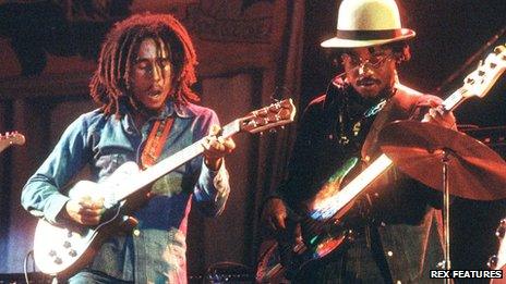 Bob Marley (left) and Aston "Family Man" Barrett