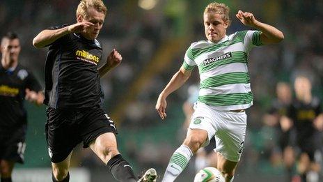 Jonathan Page (left) battles with Celtic ace Teemu Pukki