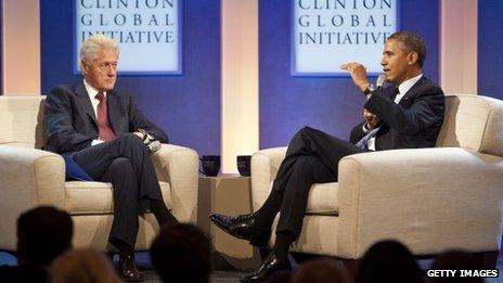 Former US President Bill Clinton, left, and President Barack Obama