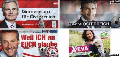 Posters for four of the main parties in Austria's 2013 parliamentary election, showing - clockwise from top left - Social Democrat Chancellor Werner Faymann, Deputy Chancellor and People's Party leader Michael Spindelegger, Green Party leader Eva Glawischnig and Freedom Pary leader Heinz-Christian Strache.