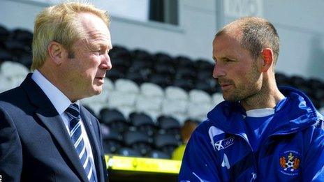 Kilmarnock chairman Michael Johnston (left) in conversation with manager Allan Johnston