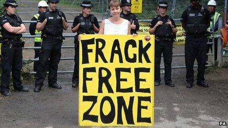 Caroline Lucas outside Cuadrilla's oil drilling site in Balcombe