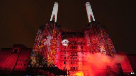 Flames projected on to Battersea Power Station