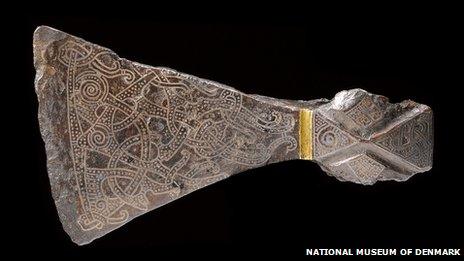 Silver-inlaid axehead in the Mammen style, AD 900s. Bjerringhøj, Mammen, Jutland, Denmark. Iron, silver, brass. L 17.5 cm. © The National Museum of Denmark