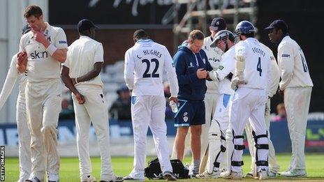 Tony Palladino had to retire hurt after being struck by a ball from Boyd Rankin