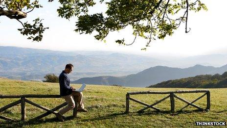 Man using laptop in middle of country