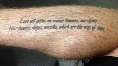 Tattoo quoting John Donne's The Sun Rising