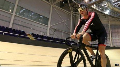 Chris Hoy rides in the velodrome in Glasgow