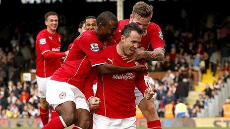 Jordon Mutch is mobbed by his Cardiff team-mates