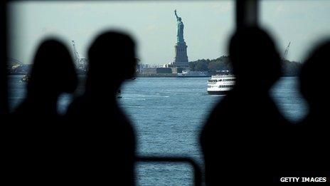 Shadow people and statue of liberty