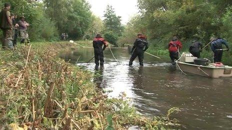 Fish being checked on the River Kennet