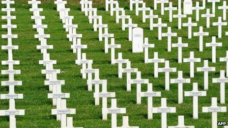 Tombs at the World War I French military cemetery of Serre-Hebuterne in northern France