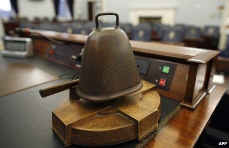 The Speaker's bell is pictured on the head desk in the Irish Republic's Seanad chamber, 2 October