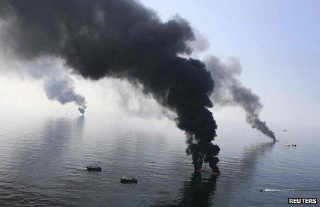 Smoke billows over Gulf of Mexico after Deepwater Horizon disaster 2010