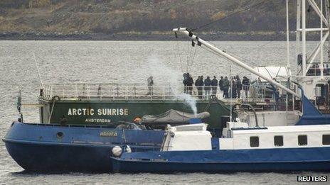 The Arctic Sunrise vessel anchored outside the Arctic port city of Murmansk