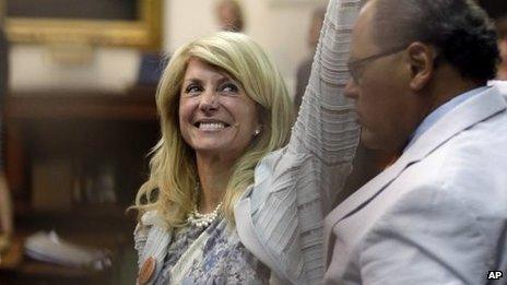 Sen Wendy Davis celebrates her successful filibuster of a Republican anti-abortion bill in Austin, Texas, on 26 June 2013