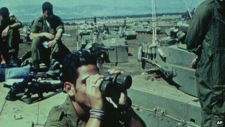 Israeli tanks on manoeuvres in the Golan Heights, 1991