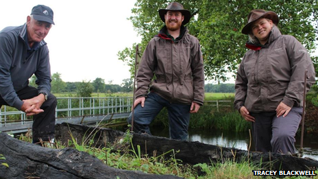 Ted Rice, Hugh Warwick and Katherine Alker from Croome's garden team at the site of the lost Chinese Bridge