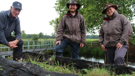 Ted Rice, Hugh Warwick and Katherine Alker from Croome's garden team at the site of the lost Chinese Bridge
