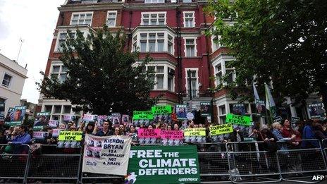 Greenpeace campaigners protest outside the Russian embassy in London on 5 October 2013