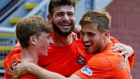 Ryan Gauld, Nadir Ciftci and David Goodwillie celebrate Dundee United's goal.