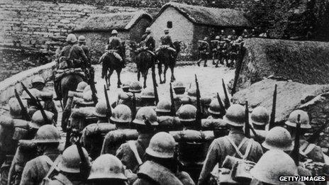 Japanese troops entering Manchuria in the wake of the so-called Mukden Incident during the Sino-Japanese War, 1 September 1931