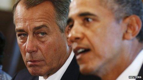 Speaker of the House John Boehner listens to US President Barack Obama during a meeting with bipartisan Congressional leaders in the Cabinet Room at the White House in Washington to discuss a military response to Syria, 3 September 2013