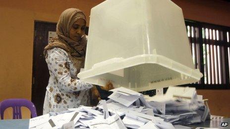 An election official empties a ballot box before the start of counting in Male, Maldives (7 September)