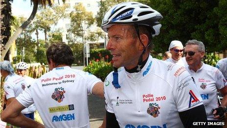 Tony Abbott at a Pollie Pedal Cycle charity event in Sydney, 15 April 2010