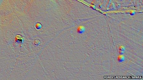 Damaged Bronze Age barrows on Beaulieu Heath. Copyright: Forest Research, based on Cambridge University Technical Services and NFNPA data