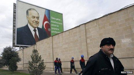 A billboard displaying a portrait of Heydar Aliyev, Azerbaijan's late president and father of current President Ilham Aliyev