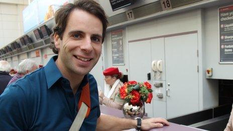 Mark checking in at Glasgow Airport