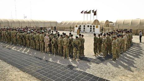 British troops form up on the parade square at Camp 501, Camp Bastion, Helmand Province in Afghanistan