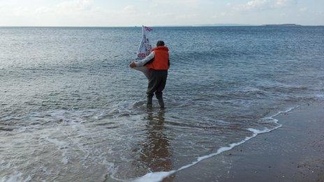 Robin Lovelock launching the boat from Barton-on-Sea