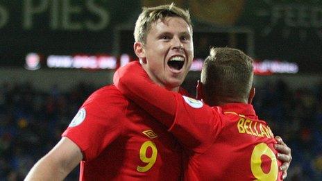 Simon Church and Craig Bellamy celebrate Church's goal