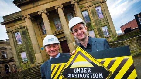 Andrew Barker, senior operations manager at Morgan Sindall (left) and Oldham Council leader, Jim McMahon (right) outside the Old Town Hall