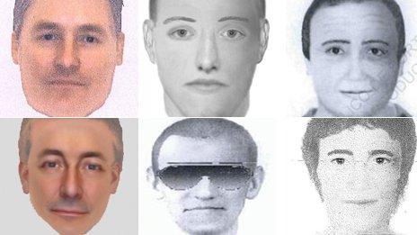 E-fits of men police want to trace (Top row l-r): Man sighted at 22:00 carrying girl; Man seen near McCanns' apartment; Charity collector; (Bottom row l-r) Different image of man sighted at 22:00 carrying girl; Man seen near McCanns' apartment; Man seen in Ocean club resort on 3 May