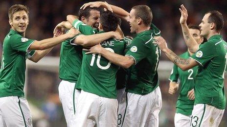 John O'Shea is congratulated after putting the Republic 2-1 ahead