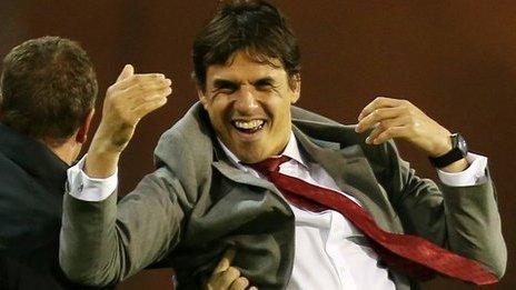 Chris Coleman celebrates Aaron Ramsey's goal