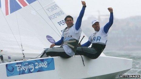 Andrew Simpson and Iain Percy celebrate their Olympic gold in 2008