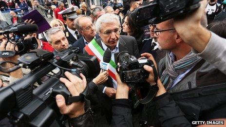 Mayor of Albano Laziale Nicola Marini during the demonstration at funeral location of Nazi War Criminal Erich Priebke on October 15, 2013 in Albano Laziale, Italy