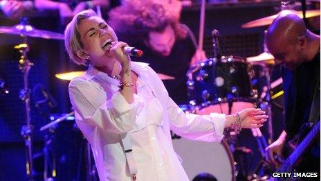 Miley Cyrus performing on Late Night With Jimmy Fallon