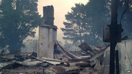 In this photo provided by the New South Wales Rural Fire Service the remains of a structure are in a crumpled pile after a wildfire destroyed the building, at an unknown location in Australia, Thursday, Oct. 17, 2013