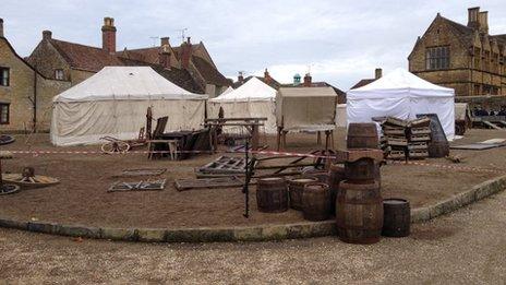 The film's "market square" outside Sherborne Abbey