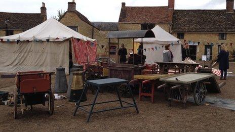 "Market stalls" on the set outside Sherborne Abbey