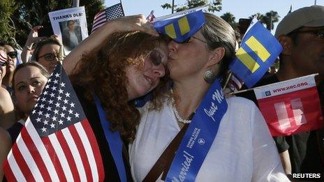 Supporters celebrate a landmark Supreme Court ruling upholding gay marriage rights in California on 26 June 2013