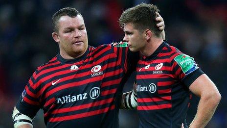 Saracens prop Matt Stevens consoles Owen Farrell after his last-gasp miss